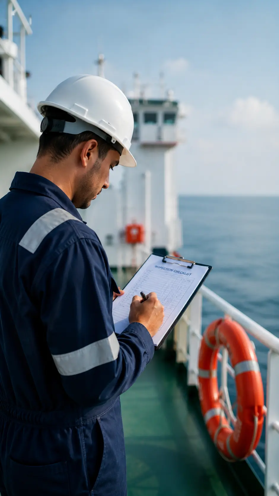 Inspector completing a digital checklist on deck
