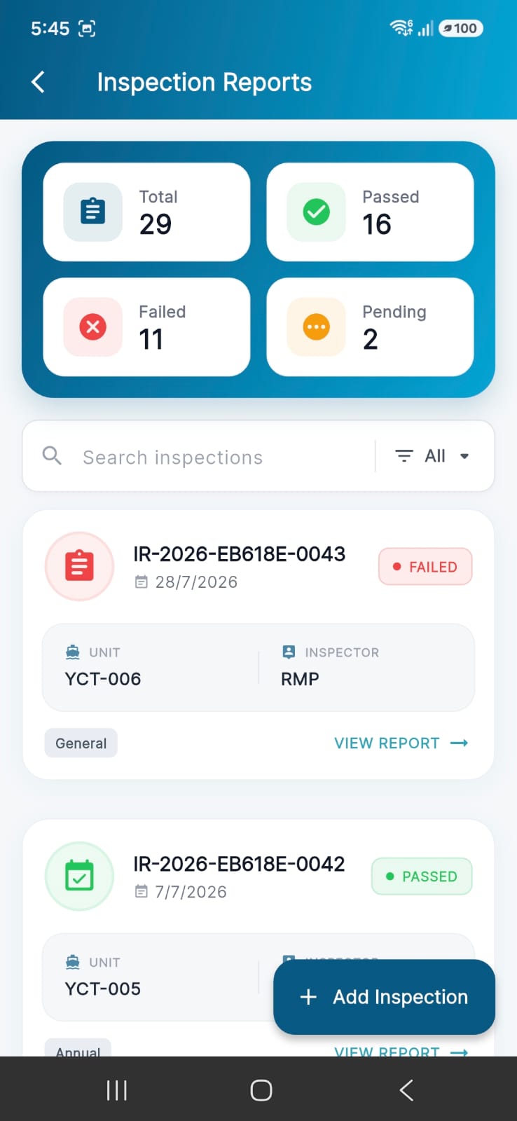 Marine Inspection AI mobile app — inspection reports screen